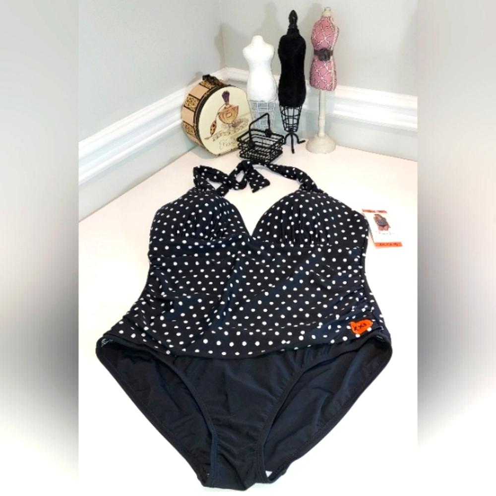 2 Bamboo Black & White Polka Dot Halter Top One Piece Swimsuit NWT